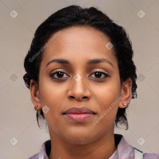 Joyful latino young-adult female with medium  black hair and brown eyes