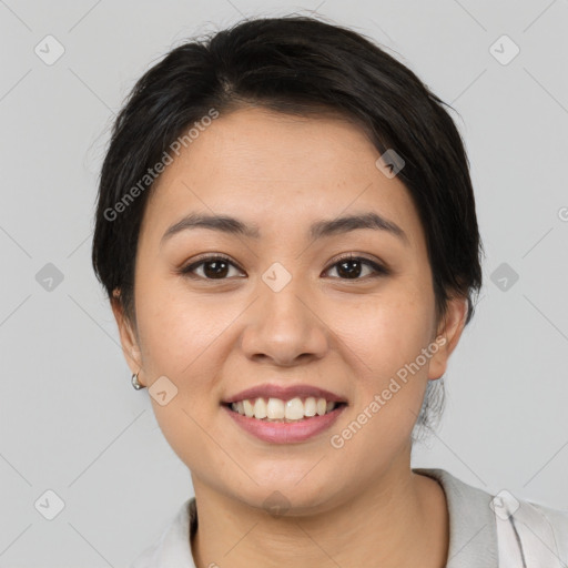 Joyful white young-adult female with medium  brown hair and brown eyes