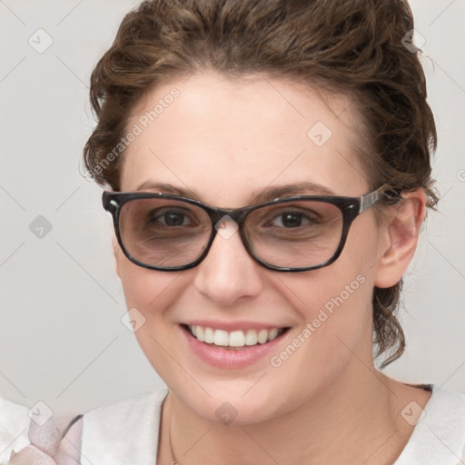 Joyful white young-adult female with medium  brown hair and blue eyes