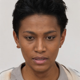 Neutral black young-adult female with short  black hair and brown eyes