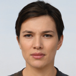 Neutral white young-adult female with short  brown hair and brown eyes