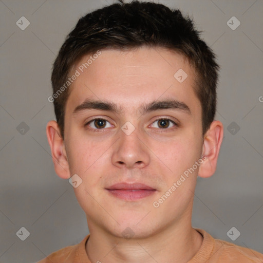 Neutral white young-adult male with short  brown hair and brown eyes