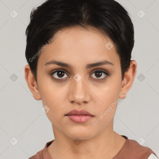 Neutral white young-adult female with short  brown hair and brown eyes