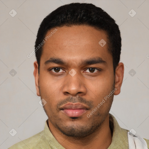 Neutral latino young-adult male with short  black hair and brown eyes