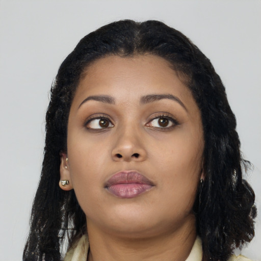 Neutral asian young-adult female with long  black hair and brown eyes