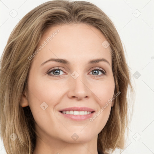 Joyful white young-adult female with long  brown hair and green eyes