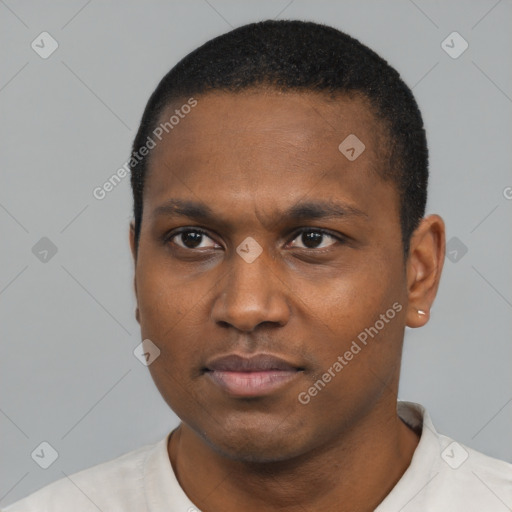 Neutral black young-adult male with short  black hair and brown eyes