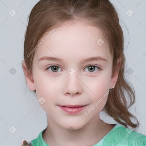 Joyful white child female with medium  brown hair and grey eyes