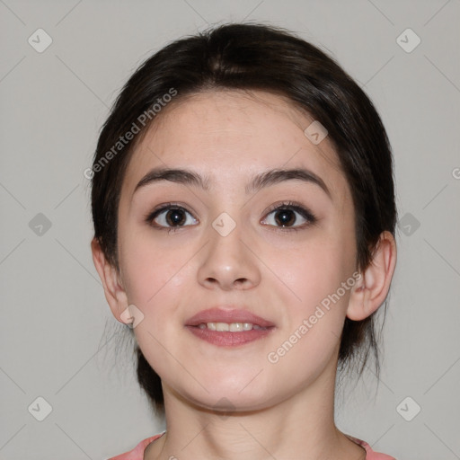 Neutral white young-adult female with medium  brown hair and brown eyes