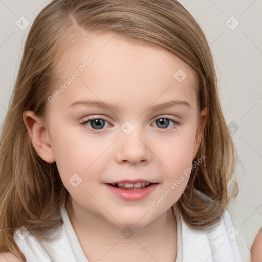 Joyful white child female with medium  brown hair and blue eyes