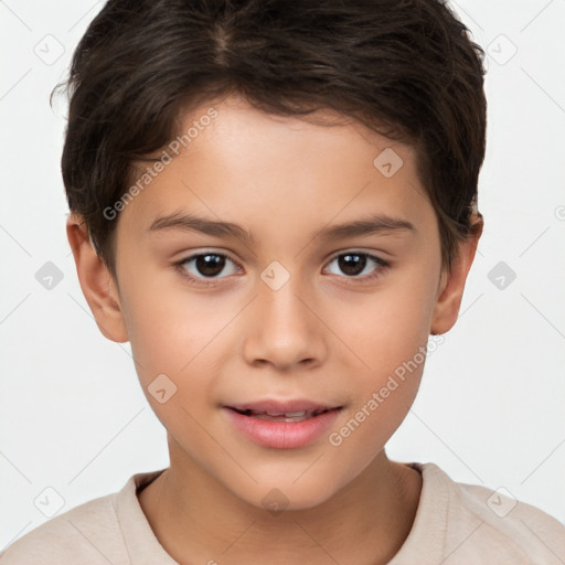 Joyful white child female with short  brown hair and brown eyes