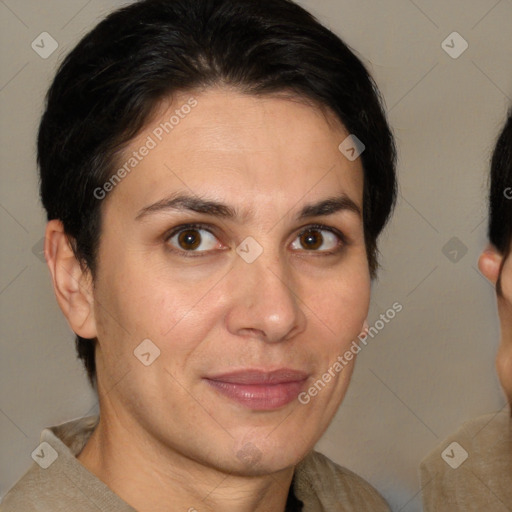 Joyful white adult female with short  brown hair and brown eyes