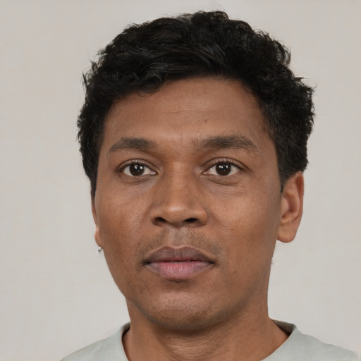 Neutral black adult male with short  black hair and brown eyes