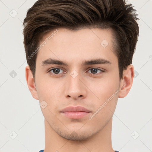 Neutral white young-adult male with short  brown hair and brown eyes