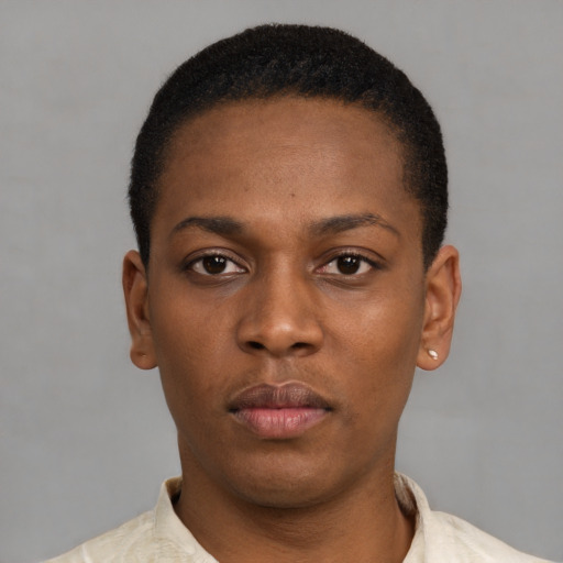 Neutral latino young-adult female with short  black hair and brown eyes