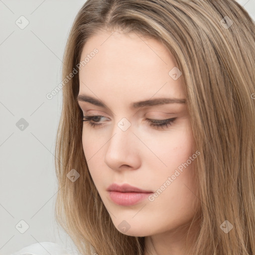 Neutral white young-adult female with long  brown hair and brown eyes