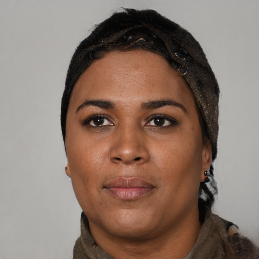 Neutral black young-adult female with short  black hair and brown eyes