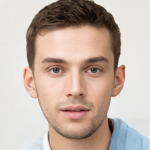 Neutral white young-adult male with short  brown hair and brown eyes