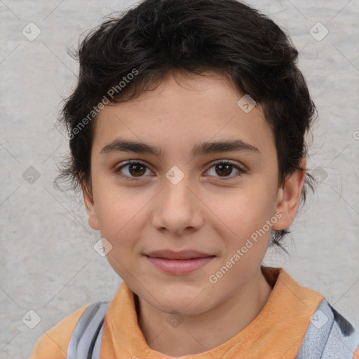 Joyful white child female with short  brown hair and brown eyes