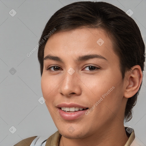 Joyful white young-adult female with short  brown hair and brown eyes