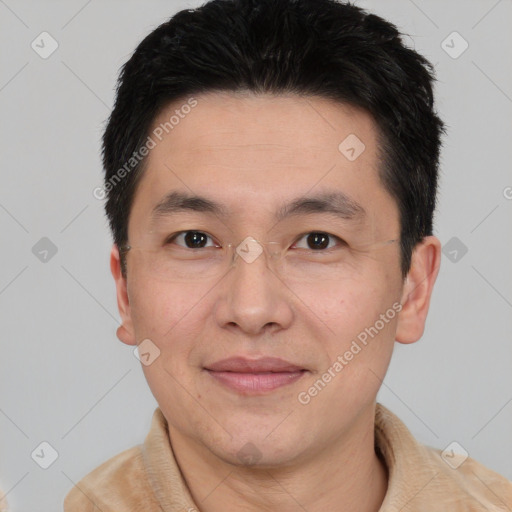 Joyful white adult male with short  black hair and brown eyes