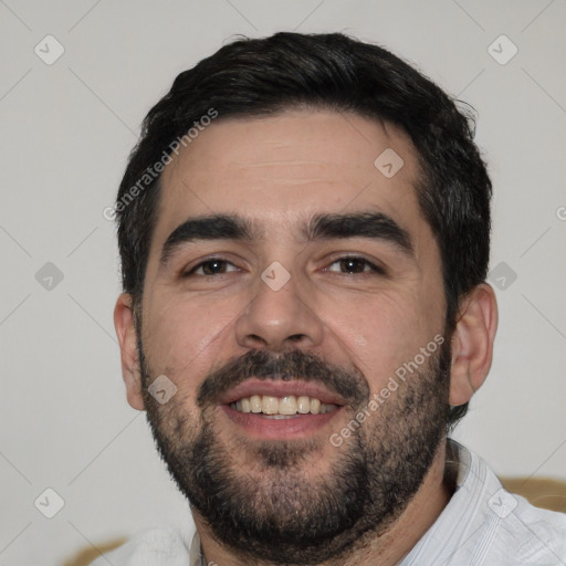 Joyful white young-adult male with short  black hair and brown eyes