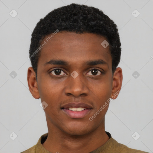 Neutral black young-adult male with short  black hair and brown eyes