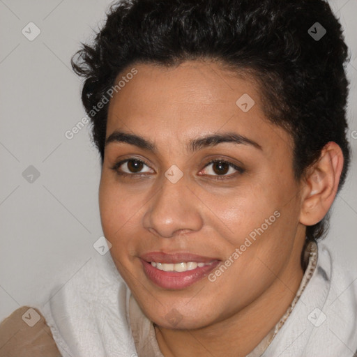 Joyful latino young-adult female with short  brown hair and brown eyes