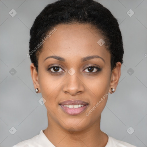 Joyful latino young-adult female with short  black hair and brown eyes