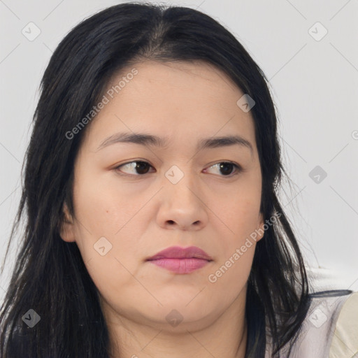 Neutral asian young-adult female with long  brown hair and brown eyes