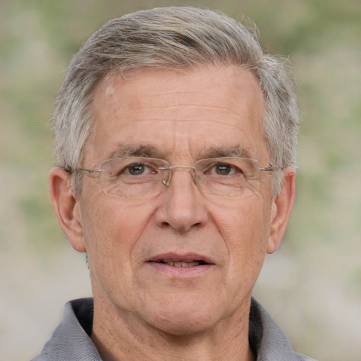 Neutral white middle-aged male with short  gray hair and grey eyes