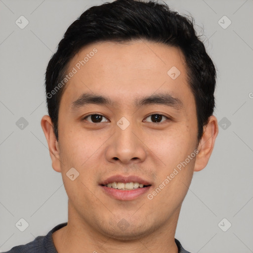 Joyful white young-adult male with short  black hair and brown eyes