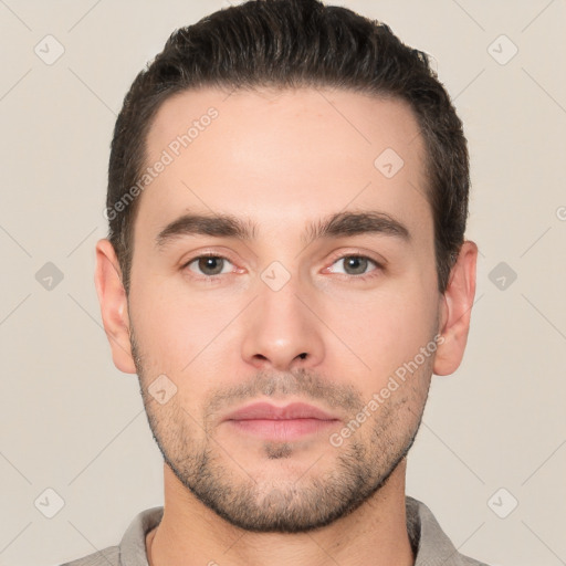 Neutral white young-adult male with short  brown hair and brown eyes