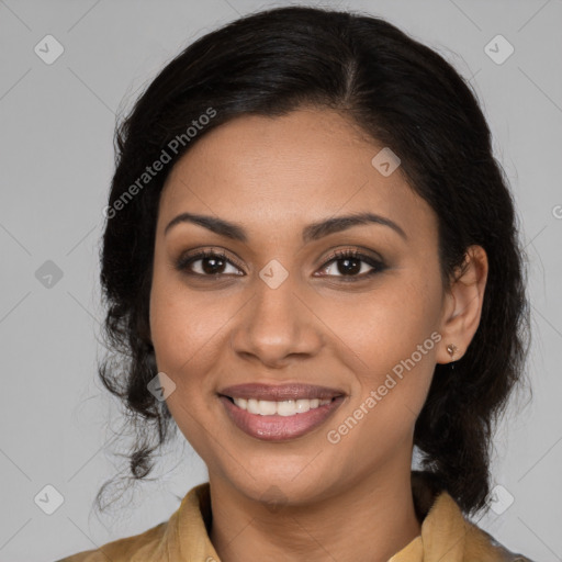 Joyful latino young-adult female with medium  brown hair and brown eyes