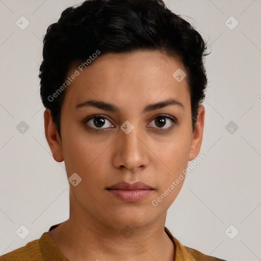 Neutral latino young-adult female with short  brown hair and brown eyes