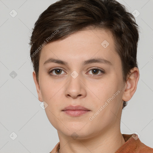 Neutral white young-adult female with short  brown hair and brown eyes