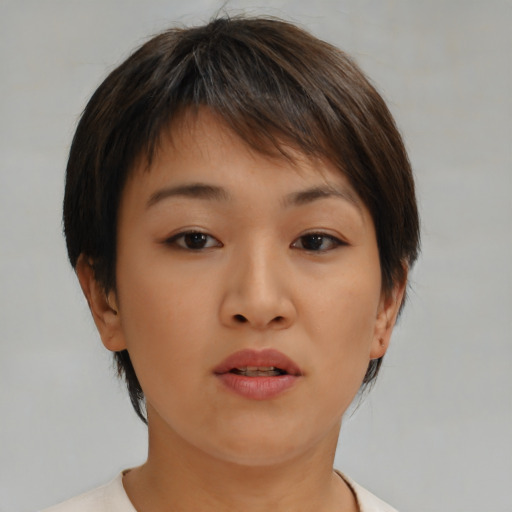 Neutral asian young-adult female with short  brown hair and brown eyes