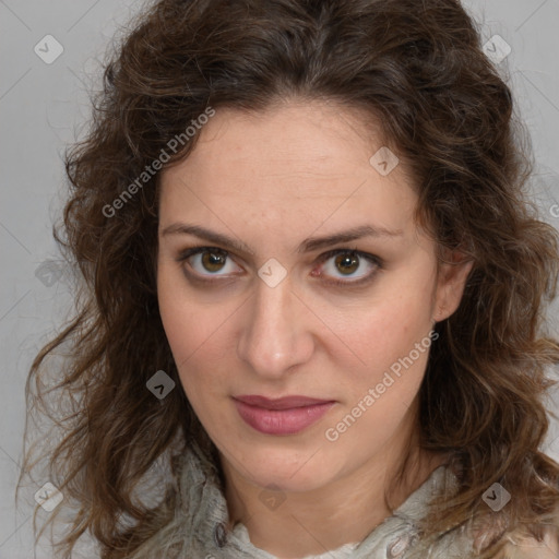 Joyful white young-adult female with medium  brown hair and green eyes