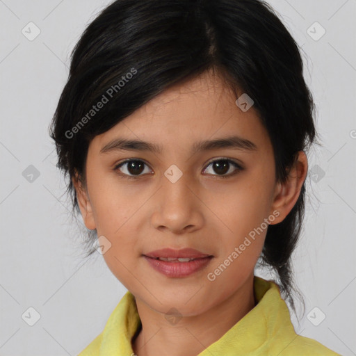 Joyful asian young-adult female with medium  black hair and brown eyes