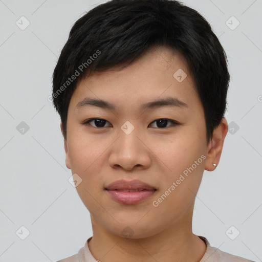 Joyful asian young-adult female with short  black hair and brown eyes