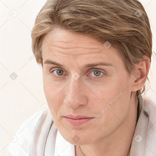 Joyful white adult female with medium  brown hair and blue eyes