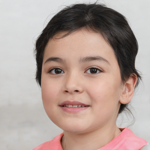 Joyful white child female with medium  brown hair and brown eyes