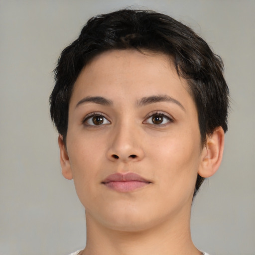 Neutral latino young-adult female with short  brown hair and brown eyes