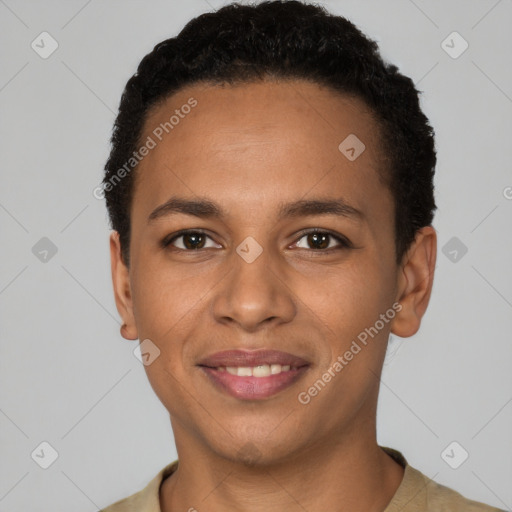 Joyful latino young-adult female with short  brown hair and brown eyes