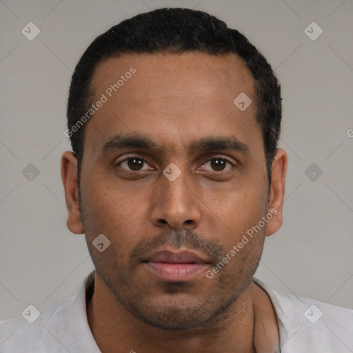 Neutral black young-adult male with short  black hair and brown eyes