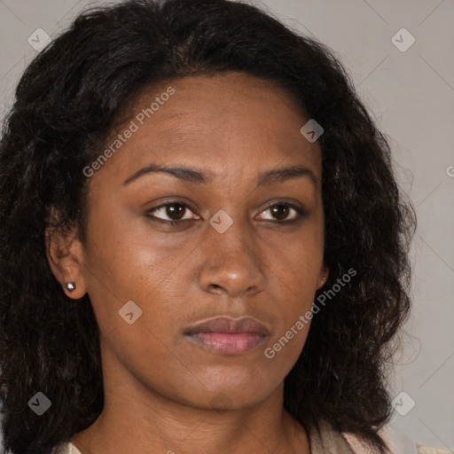 Neutral black young-adult female with medium  brown hair and brown eyes