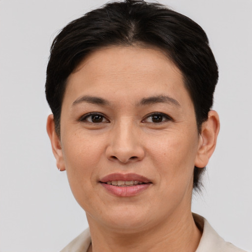 Joyful asian adult female with short  brown hair and brown eyes