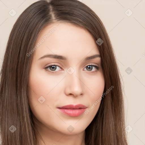 Neutral white young-adult female with long  brown hair and brown eyes