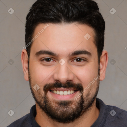 Joyful white young-adult male with short  black hair and brown eyes