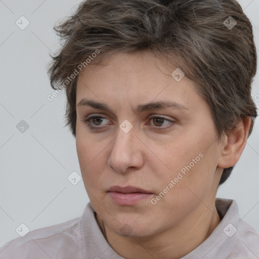 Joyful white adult female with short  brown hair and brown eyes